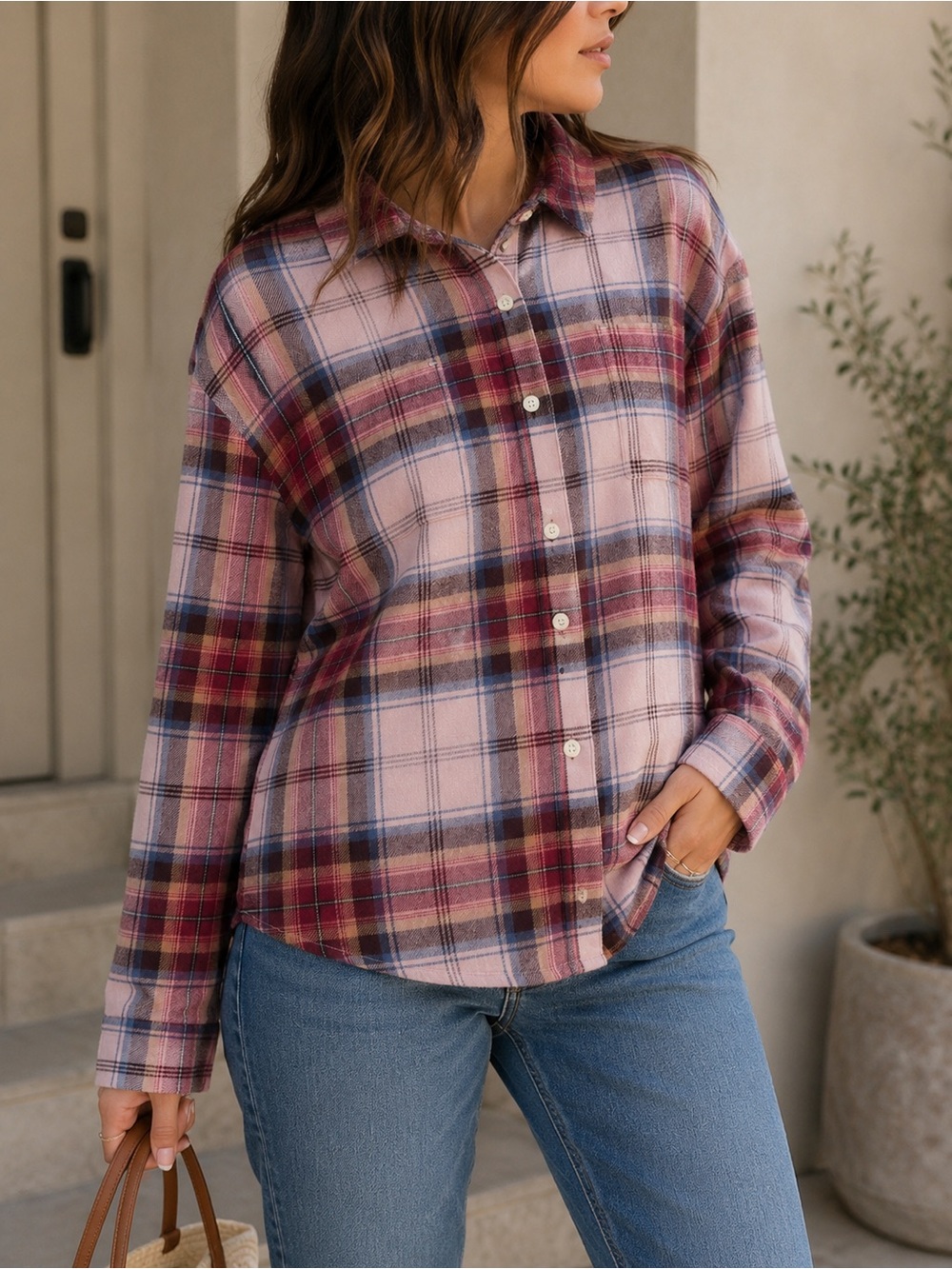 Old Navy Women’s Plaid Boyfriend Button Down Shirt Size Small